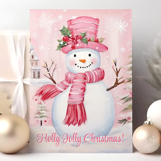 Cartão De Festividades Holly Jolly Christmas Cute Pink Snowman (Criador carregado)