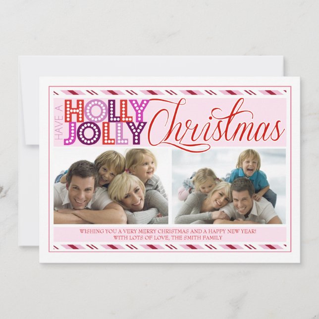 Cartão De Festividades Holly Jolly Christmas Modern Striped Photo Card (Frente)