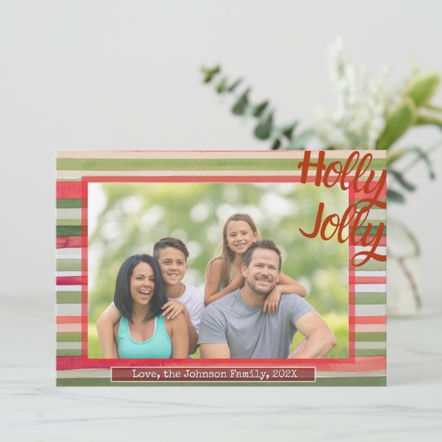 Cartão De Festividades Holly Jolly Christmas Photo Card Festive Stripes (Em pé/Frente)