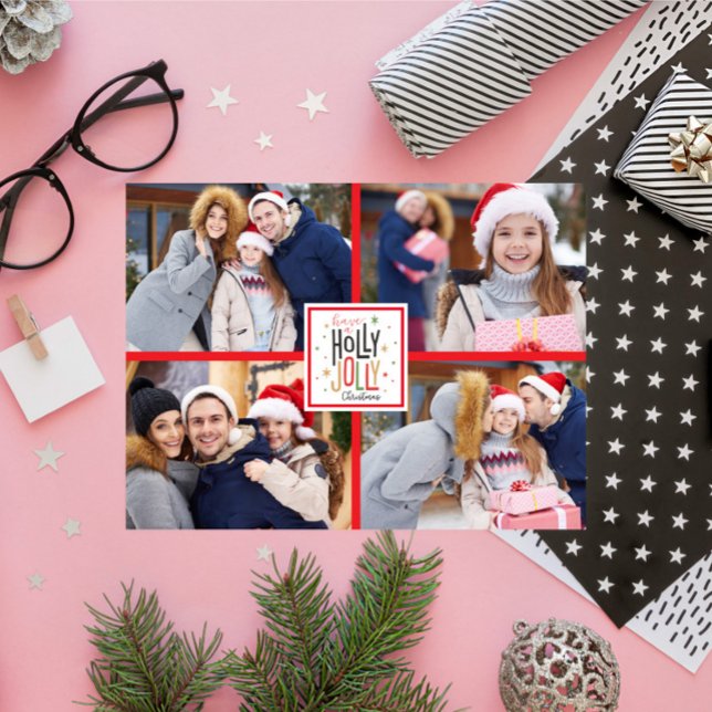 Cartão De Festividades Holly Jolly Christmas plaid (add your photos) (Criador carregado)