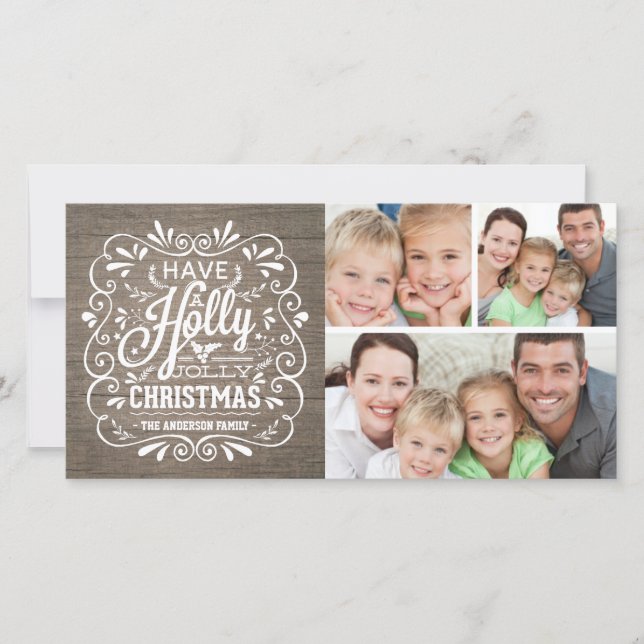 Cartão De Festividades Holly Jolly Christmas Rustic Wood Collage (Frente)