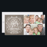 Cartão De Festividades Holly Jolly Christmas Rustic Wood Collage<br><div class="desc">Cartola, festiva e folclórica, estilo "chalk-art", Cartões de natal de Natal, modelo de fotografia em cartões planos de viagem. Moldura grosseira em forma de quadro branco, com tipografia de giz-arte branca sobre o fundo tradicional de madeira velha e mistura retrorativa de estilos feitos à mão, decorados com folhagem gelada e...</div>