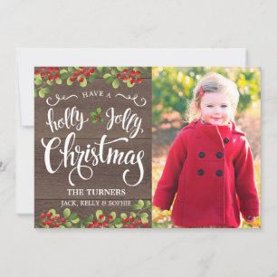 Cartão De Festividades Holly Jolly Christmas Script - Rustic Woodgrain