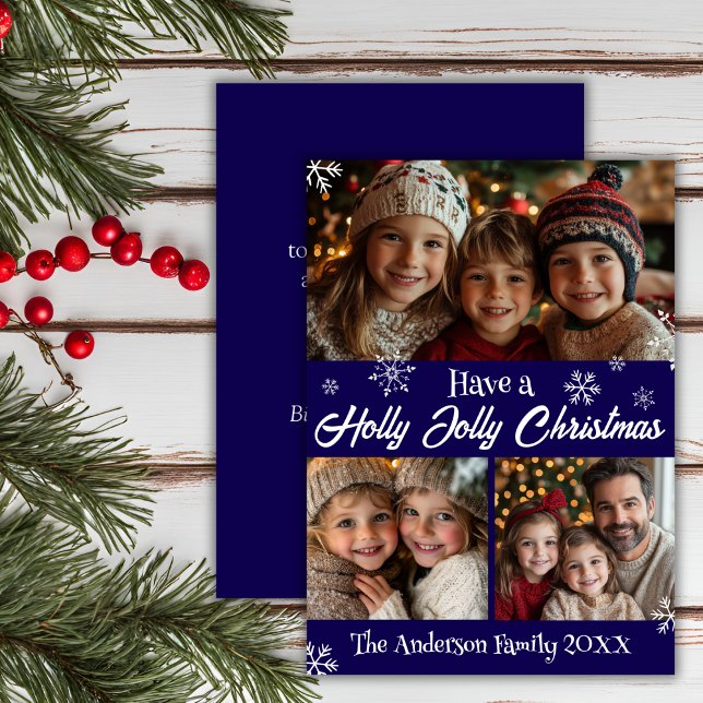 Cartão De Festividades Holly Jolly Classic Blue E White Christmas Photo (Holly Jolly Classic Blue And White Christmas Photo Holiday Card)