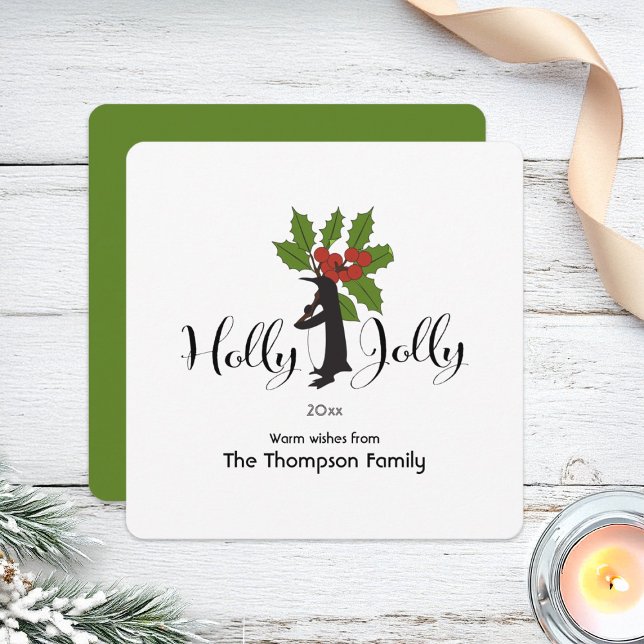 Cartão De Festividades Holly Jolly Cute Funny Penguin no Natal (Criador carregado)