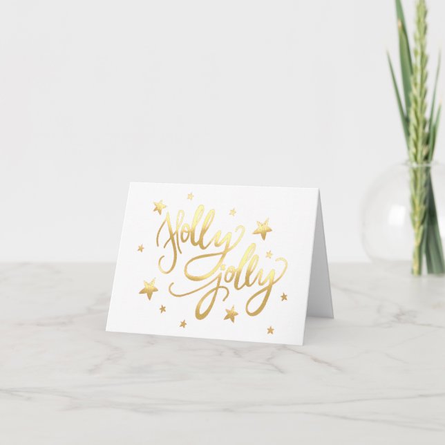 Cartão De Festividades Holly Jolly | Elegante Dourado Faux Foil Script (Frente)