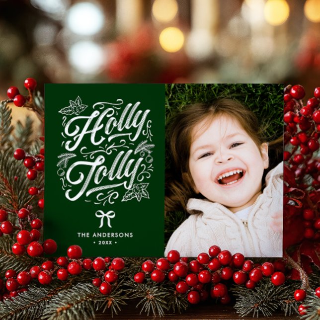 Cartão De Festividades Holly Jolly Family Name & Photo Christmas (Criador carregado)