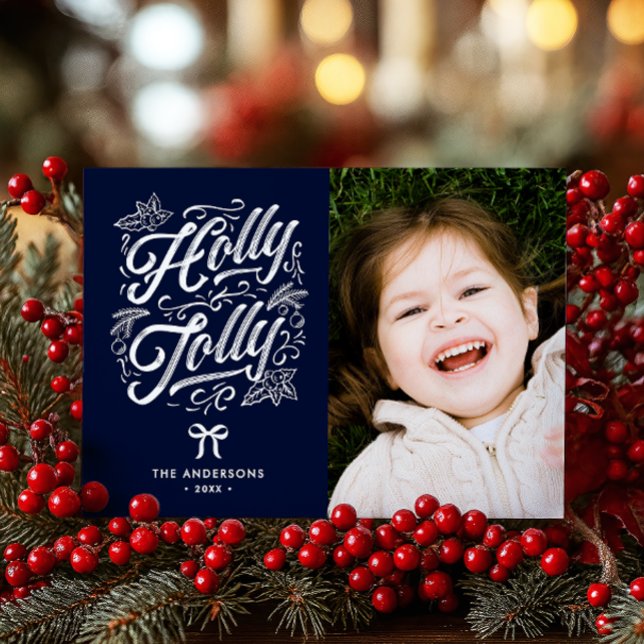 Cartão De Festividades Holly Jolly Family Name & Photo Christmas (Criador carregado)