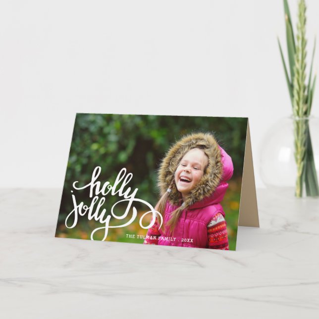 Cartão De Festividades Holly Jolly Photo Holiday Greeting Card | Beige (Frente)
