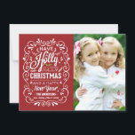Cartão De Festividades Holly Jolly Red White Christmas Holiday Photo Card<br><div class="desc">Festive and folksy curly chalk-art style Christmas Holiday greetings photo template on trendy flat cards. Whimsical chalkboard style typography on patterned red background with retro mix of hand-lettered styles, decorated with winter branches and holly berries. Add your favorite holiday family photo and customize the text. Modern way to send happy...</div>