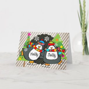 Cartão De Festividades Holly Jolly Skating Penguins Holiday Greeting Card