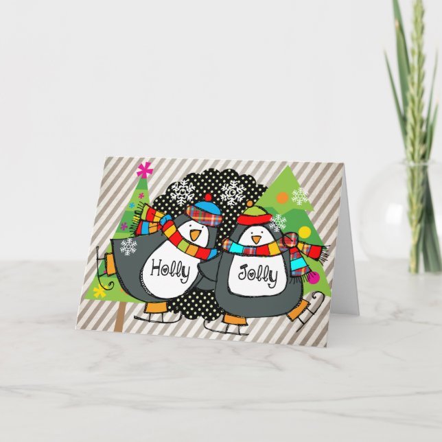 Cartão De Festividades Holly Jolly Skating Penguins Holiday Greeting Card (Frente)
