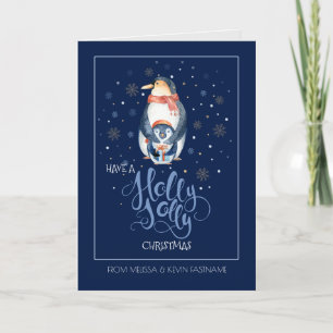 Cartão De Festividades Holly Jolly Typography & Christmas Pinguin