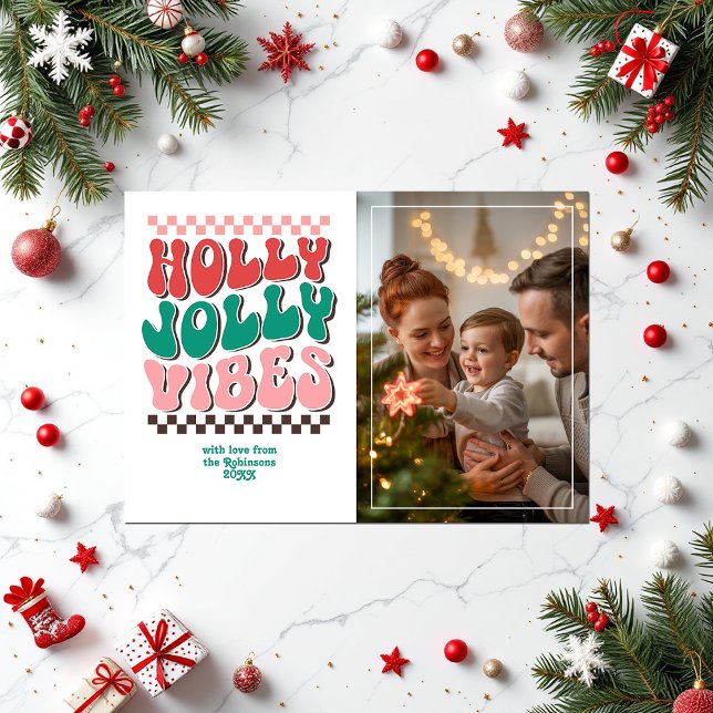 Cartão De Festividades "Holly Jolly Vibes" Foto de Natal ("Holly Jolly Vibes" Retro Christmas Photo Holiday Card)