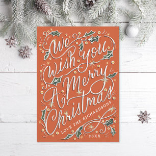 Cartão De Festividades Holly Letra à Mão Desejamos um Feliz Natal