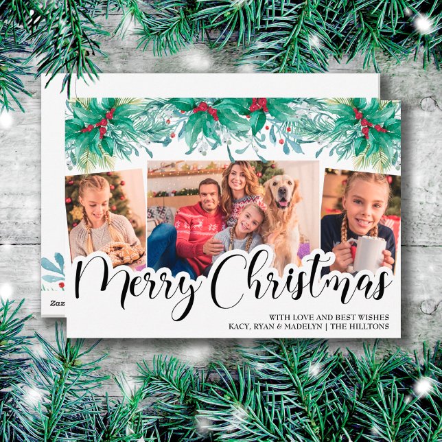 Cartão De Festividades Holly Mistletoe 3 Foto Feliz Script de Natal (Criador carregado)