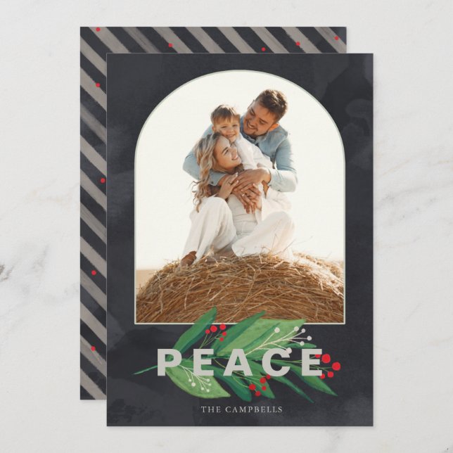 Cartão De Festividades Holly Modern Arch Marinho Stripes Foto Personaliza (Frente/Verso)