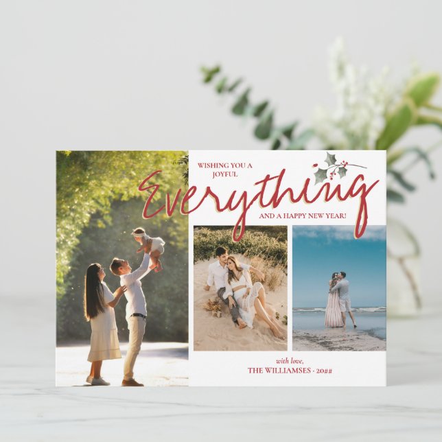 Cartão De Festividades Holly Moderna 3 Foto Vermelho Verde Elegante Nova  (Em pé/Frente)