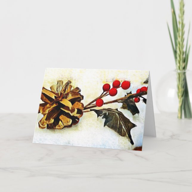 Cartão De Festividades Holly Pine Cone Winter Saudações (Frente)