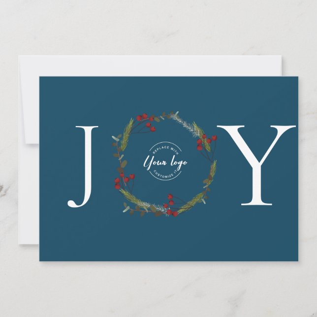 Cartão De Festividades Holly Pine Wreath Joy Blue Logotipo personalizado (Frente)