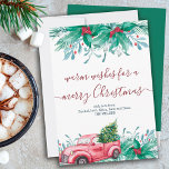 Cartão De Festividades Holly Plant Mistletoe Red Truck Natal<br><div class="desc">Cartão de férias elegante, simples e tradicional com design de aquarela e tipografia de script manuscrito. A design apresenta plantas sagradas, mirtilos, pinças de pínus e um caminhão vermelho vintage com árvores de natal decoradas com luzes de cordas. O modelo está configurado para que você adicione seu nome e aprovação....</div>
