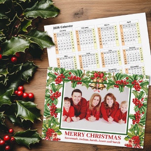Cartão De Festividades Holly sai e Berries Calendário Personalizado de Fo