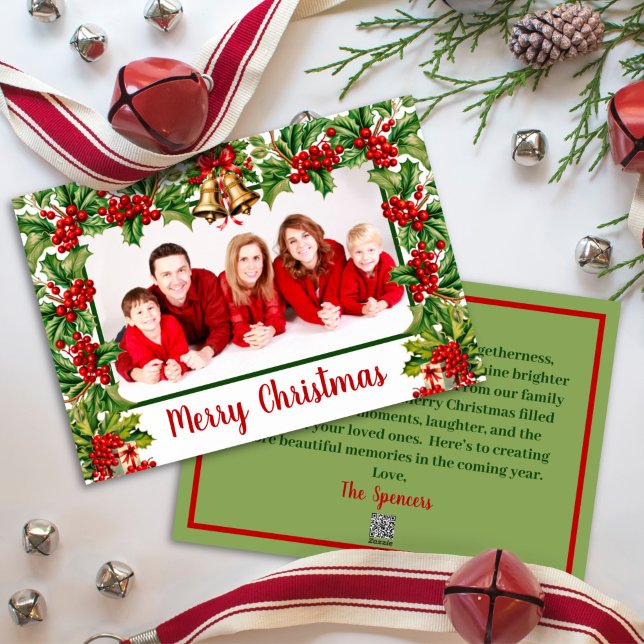 Cartão De Festividades Holly Sai e Berries Feliz Foto de Natal (Criador carregado)