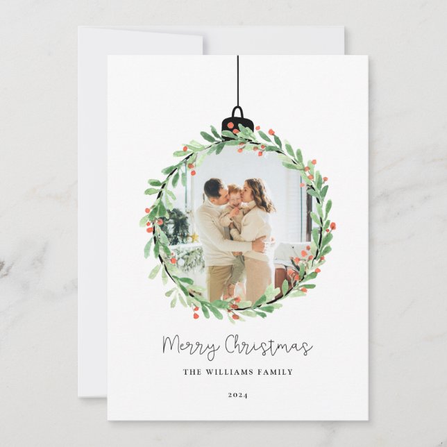 Cartão De Festividades Holly Wreath Ornament Feliz Foto de Natal (Frente)