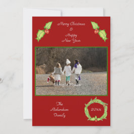 Cartão De Festividades Holly Wreath Red Green Foto Personalizada