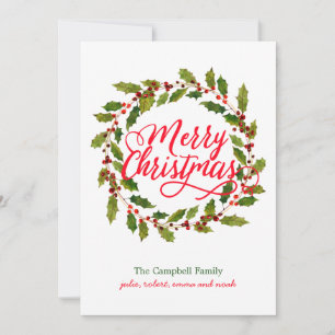 Cartão De Festividades Holly Wreath Watercolor Não Foto Natal