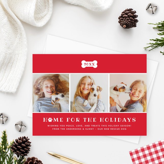 Cartão De Festividades Home for the Holidays Red Plaid Dog Photo (Criador carregado)