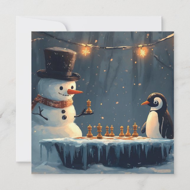 Cartão De Festividades Homem de Neve Adorável e Pinguim jogando xadrez (Frente)