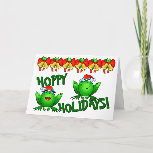 Cartão De Festividades Hoppy Holidays Cartoon Christmas Frogs Bows Bells (Frente)
