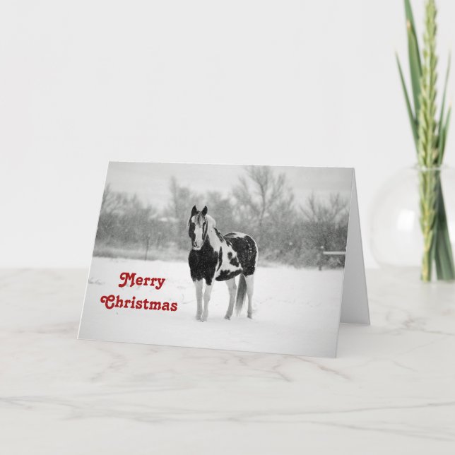 Cartão De Festividades Horse Black and White Snow Photo Christmas (Frente)