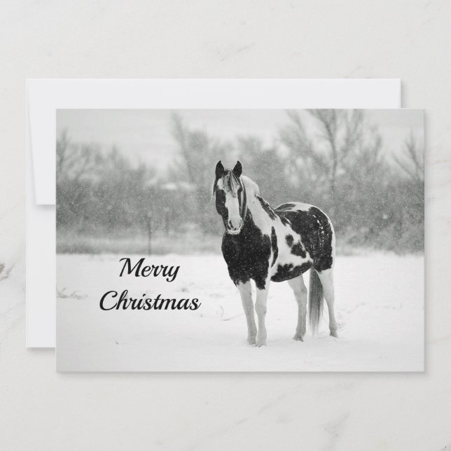 Cartão De Festividades Horse Black and White Snow Photo Christmas Flat (Frente)