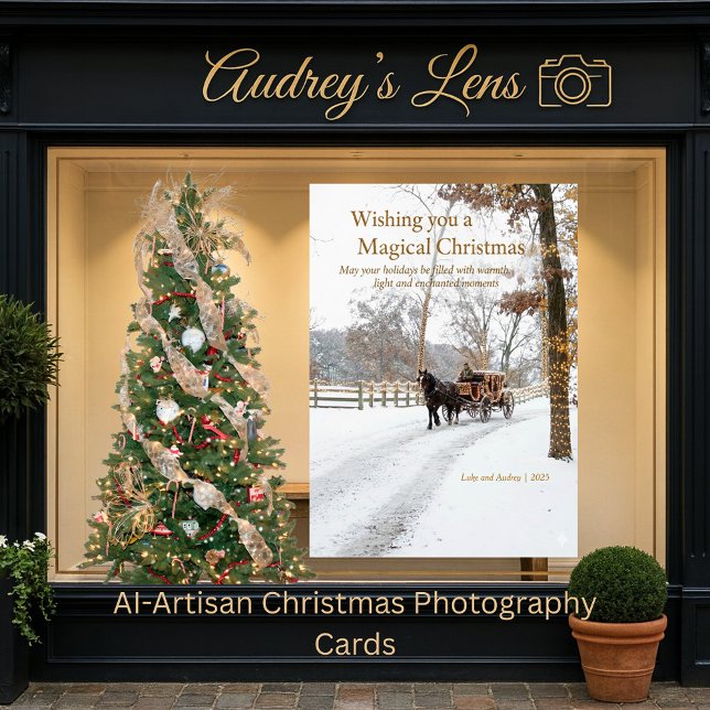 Cartão De Festividades Horse Drawn Carriage w/lights In The Snow Design (Criador carregado)