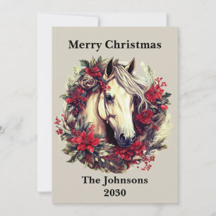 Cartão De Festividades Horse Russo de Natal Poinsettia Wreath