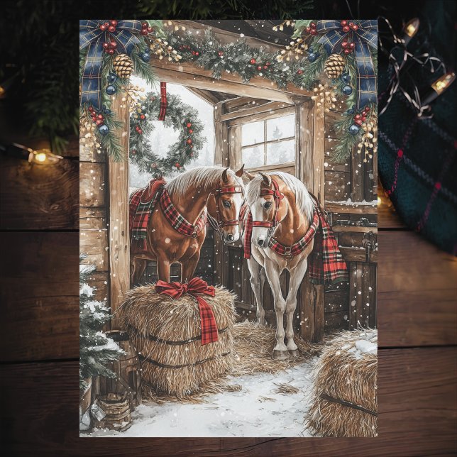 Cartão De Festividades Horses Plaid Country Christmas Winter Barn Scene (Criador carregado)