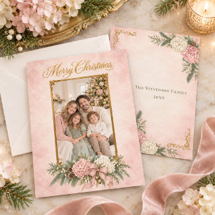 Cartão De Festividades Hortênsia Rosa e Branca Foto Natal Herança