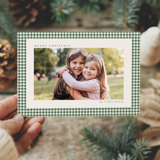 Cartão De Festividades Houndstooth frame green three photo Christmas (Criador carregado)