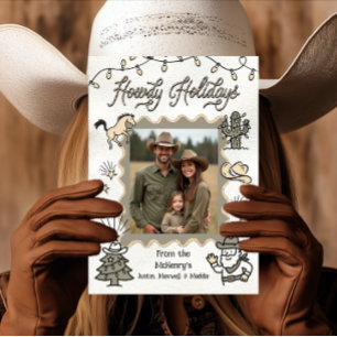 Cartão De Festividades Howdy Holiday Foto Western Hand Drawn lasso Frame