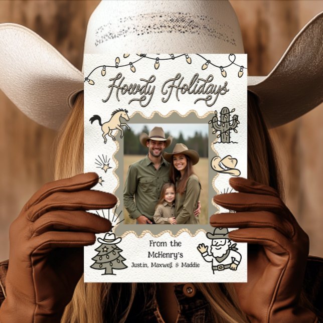 Cartão De Festividades Howdy Holiday Foto Western Hand Drawn lasso Frame (Criador carregado)