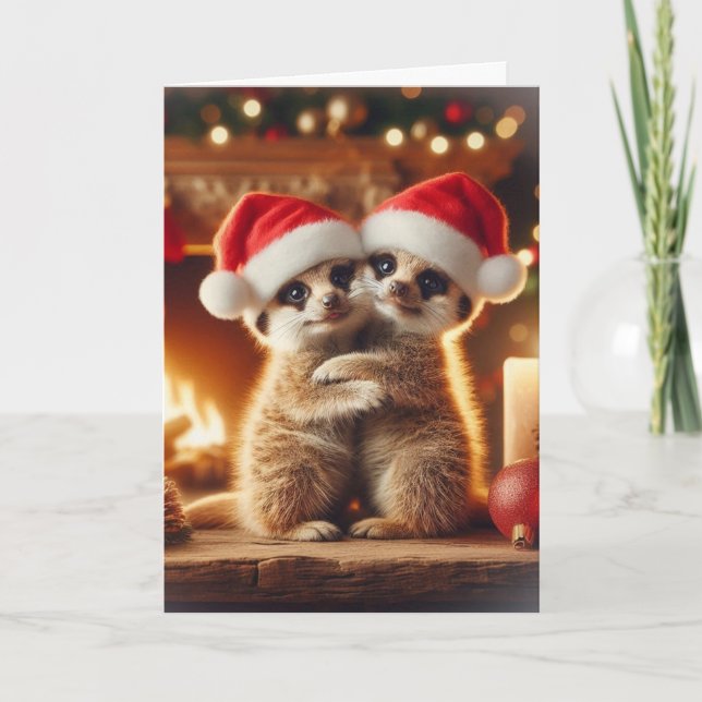 Cartão De Festividades Hugging Meerkats Christmas Card (Frente)