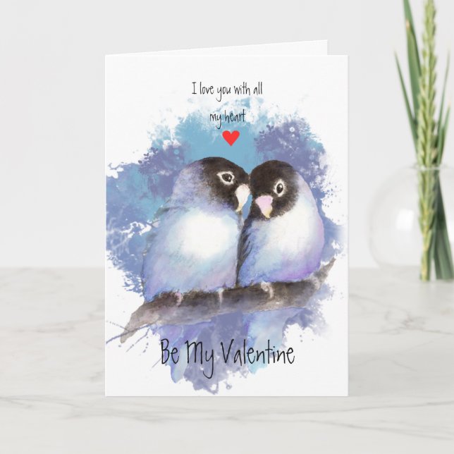 Cartão De Festividades Husband Valentine Love Blue Lovebirds Bird Art (Frente)