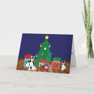 Cartão De Festividades Huskies Playing Under the Christmas Tree Card