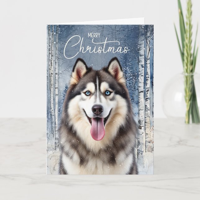 Cartão De Festividades Husky Dog Snowy Winter Forest Christmas (Frente)