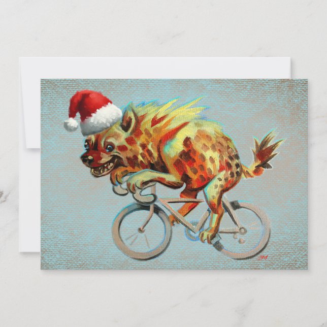 Cartão De Festividades Hyena Andando Uma Bicicleta Vestindo Papai Noel (Frente)