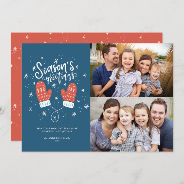 Cartão De Festividades Hygge Mittens 2 Photo Christmas Holiday Flat Card (Frente/Verso)