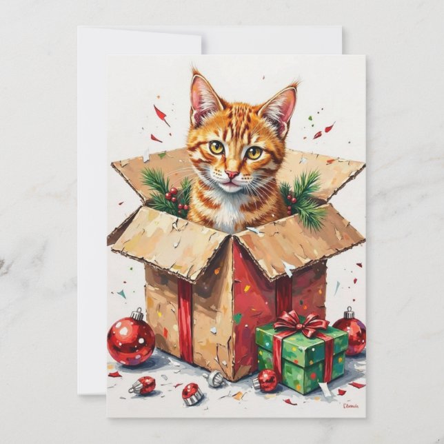 Cartão De Festividades I Help Unpack! Funny Cat in Christmas Shipping Box (Frente)