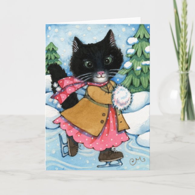 Cartão De Festividades Ice Skating Cat - Cute kitten Greeting Card (Frente)